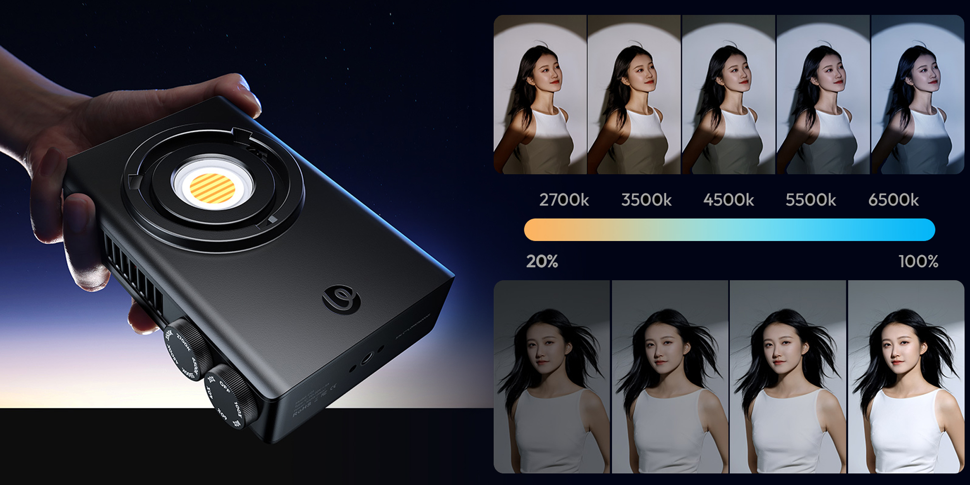 Lampa LED Ulanzi C01 - WB (2700 K - 6500 K) trzymana w dłoni oraz prezentacja różnych temperatur barwowych i mocy